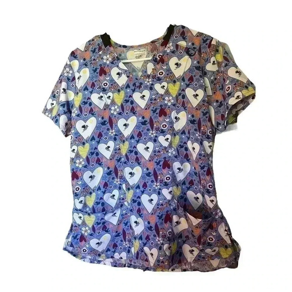 SCRUBAID TAPERED FIT STRETCH SIZE LARGE SCRUB WITH BIRDS AND HEARTS - Picture 1 of 2